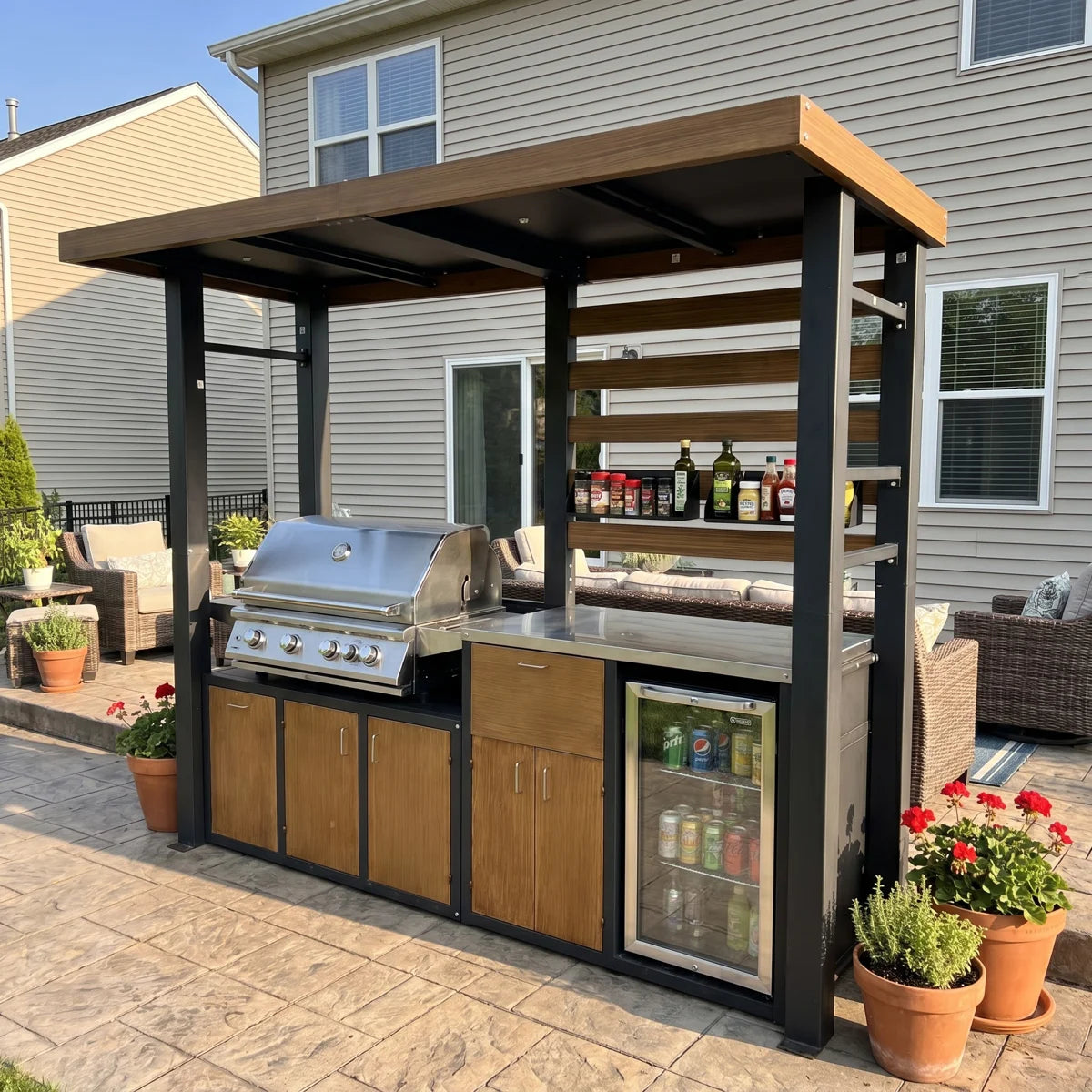 103.3" W Covered Grill Gazebo Outdoor Kitchen with 50.2" Grill Bay, Stainless Steel Counter & Storage