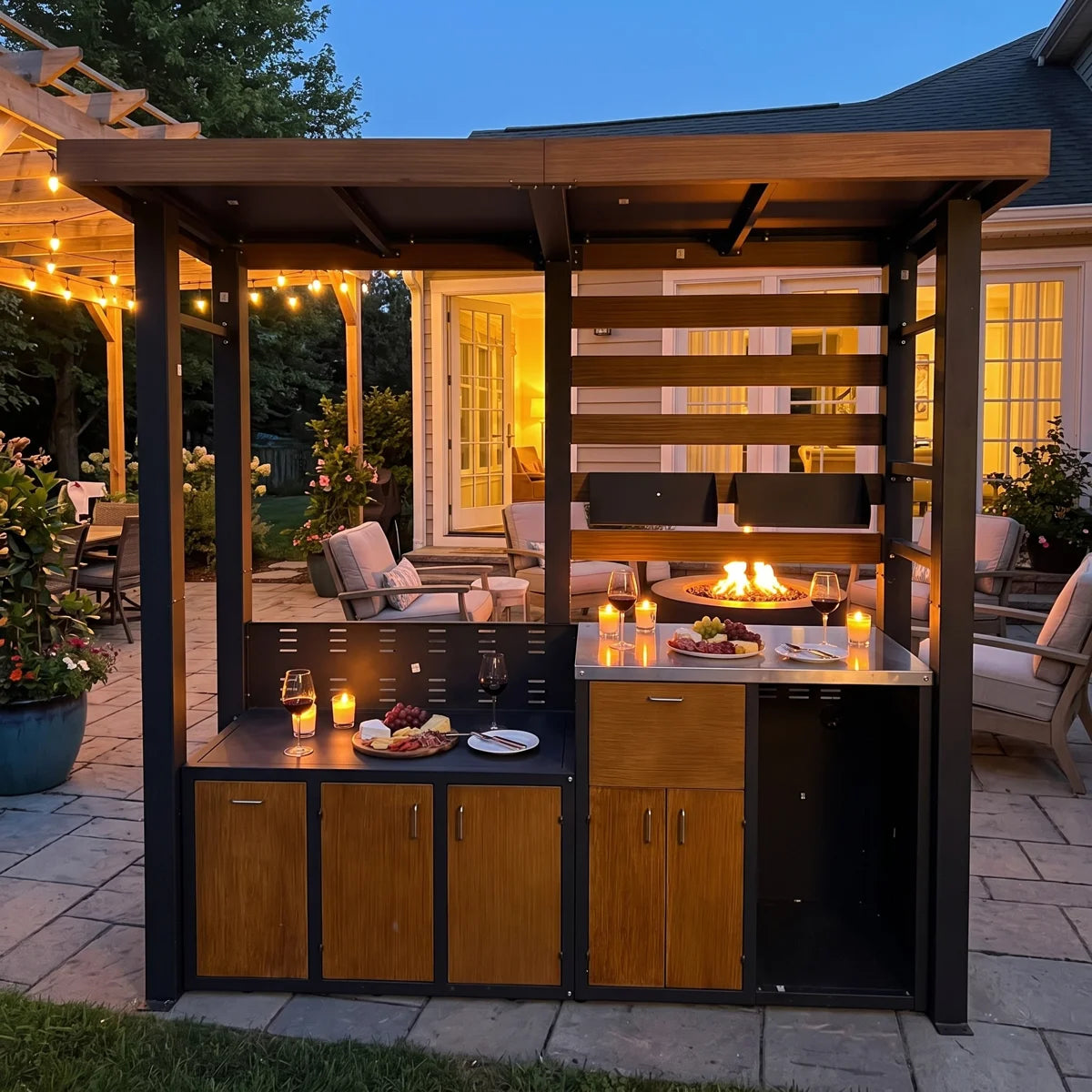 103.3" W Covered Grill Gazebo Outdoor Kitchen with 50.2" Grill Bay, Stainless Steel Counter & Storage