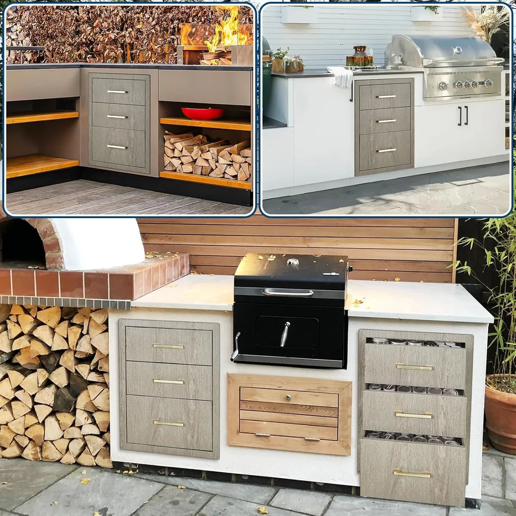 15.6" W x 20.5" H x 20.3" D Stainless Steel Outdoor Kitchen Triple Drawers – Heavy-Duty Weather-Resistant Cabinet with Handles, Flush Mount for BBQ Island & Patio Grill