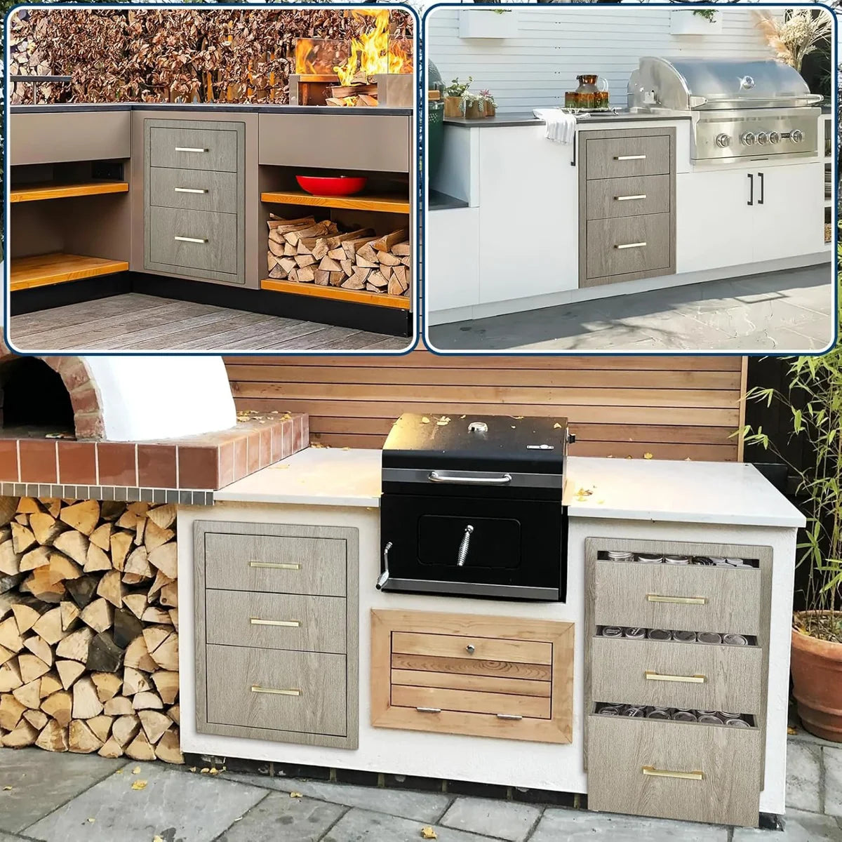 15.6" W x 20.5" H x 20.3" D Stainless Steel Outdoor Kitchen Triple Drawers – Heavy-Duty Weather-Resistant Cabinet with Handles, Flush Mount for BBQ Island & Patio Grill