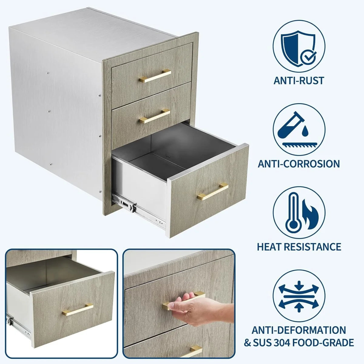 15.6" W x 20.5" H x 20.3" D Stainless Steel Outdoor Kitchen Triple Drawers – Heavy-Duty Weather-Resistant Cabinet with Handles, Flush Mount for BBQ Island & Patio Grill
