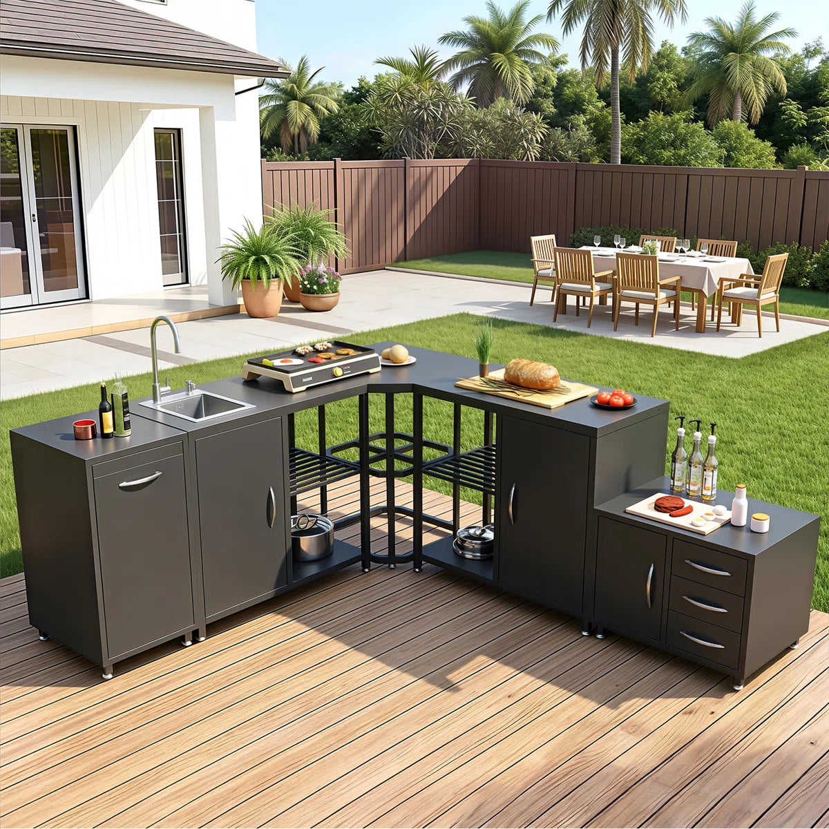 Outdoor Solid Cedar Wood Sink Cabinet With Stainless Steel Countertop, Weather-Resistant Patio Prep & Utility Station