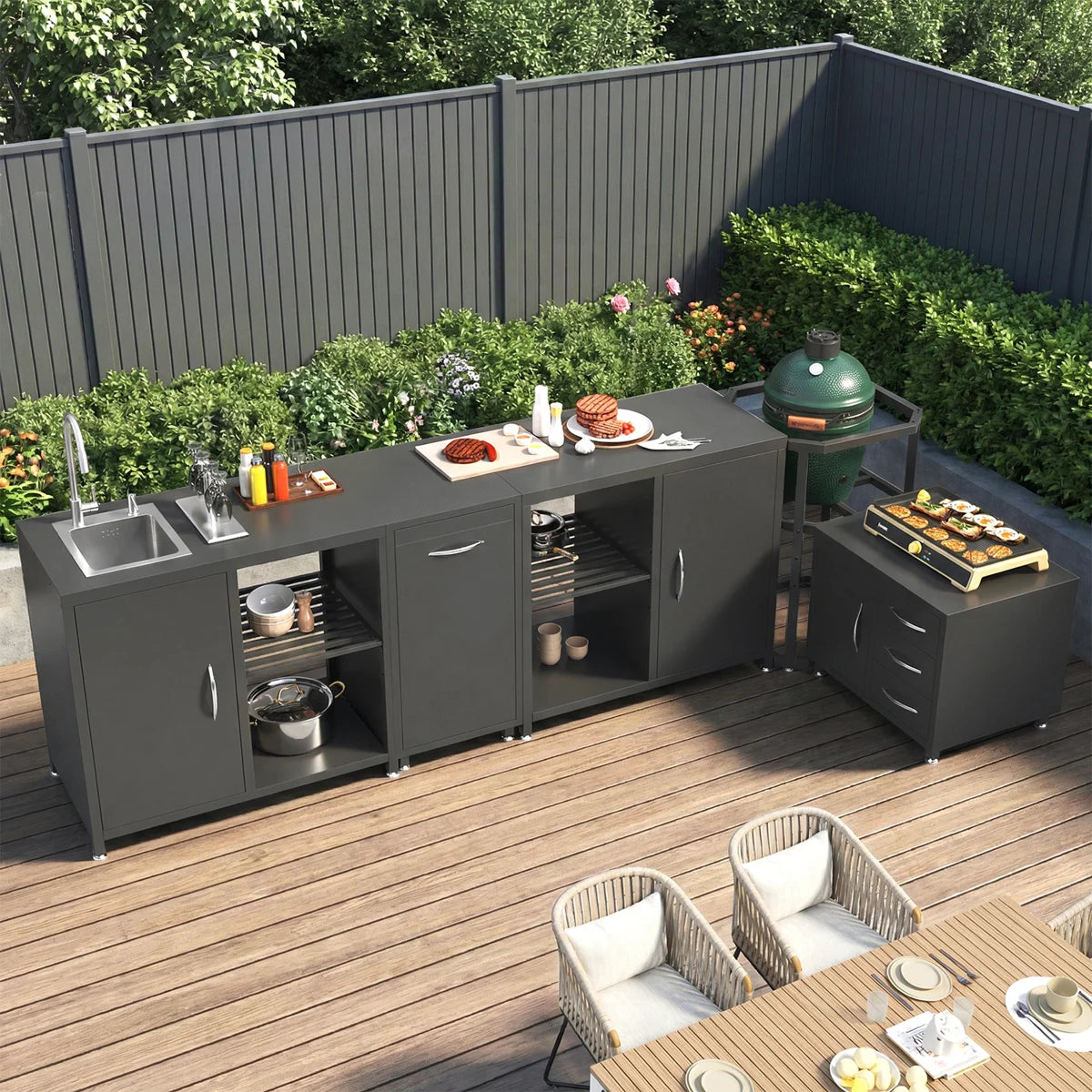 Outdoor Solid Cedar Wood Sink Cabinet With Stainless Steel Countertop, Weather-Resistant Patio Prep & Utility Station