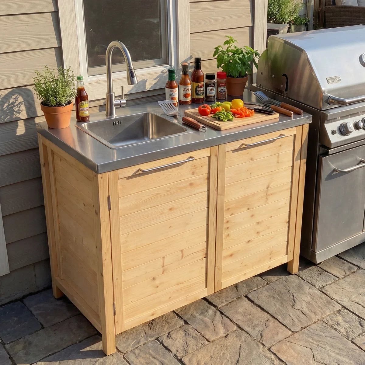 Outdoor Solid Cedar Wood Sink Cabinet With Stainless Steel Countertop, Weather-Resistant Patio Prep & Utility Station