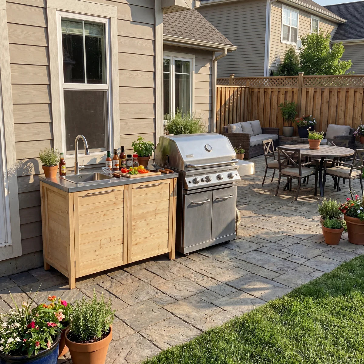 Outdoor Solid Cedar Wood Sink Cabinet With Stainless Steel Countertop, Weather-Resistant Patio Prep & Utility Station